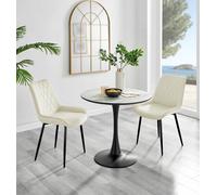 Furniturebox Elina White Marble Effect Round Pedestal Dining Table With Curved Black Support And 2 Cream Velvet Pesaro Black Leg Chairs