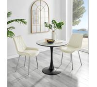 FurnitureboxUK Elina White Marble Effect Scratch Resistant Dining Table & 2 Pesaro Silver Leg Velvet Chairs in Cream FurnitureboxUK Cream