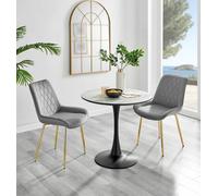 FurnitureboxUK Elina White Marble Effect Scratch Resistant Dining Table & 2 Pesaro Gold Leg Velvet Chairs in Grey FurnitureboxUK Grey