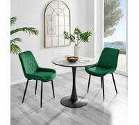 Furniturebox Elina White Marble Effect Round Pedestal Dining Table With Curved Black Support And 2 Green Velvet Pesaro Black Leg Chairs