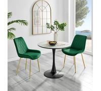 FurnitureboxUK Elina White Marble Effect Scratch Resistant Dining Table & 2 Pesaro Gold Leg Velvet Chairs in Green FurnitureboxUK Green