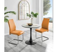 Furniturebox Elina White Marble Effect Round Pedestal Dining Table With Curved Black Support And 2 Mustard Faux Leather Lorenzo Chairs
