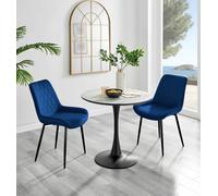 FurnitureboxUK Elina White Marble Effect Scratch Resistant Dining Table & 2 Pesaro Black Leg Velvet Chairs in Navy FurnitureboxUK Navy