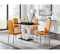 Furniturebox Giovani Rectangular 4 Seat White High Gloss Dining Table With Black Glass Top And Unique Halo Base With 4 Mustard Milan Chairs
