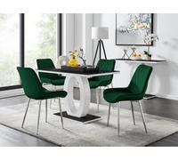 Furniturebox Giovani Rectangular 4 Seat White High Gloss Unique Halo Base Dining Table Black Glass Top 4 Green Velvet Silver Leg Pesaro Chairs