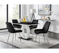 Furniturebox Giovani Rectangular 4 Seat White High Gloss Unique Halo Base Dining Table Black Glass Top 4 Black Velvet Silver Leg Pesaro Chairs