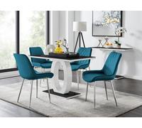 Furniturebox Giovani Rectangular 4 Seat White High Gloss Unique Halo Base Dining Table Black Glass Top 4 Blue Velvet Silver Leg Pesaro Chairs