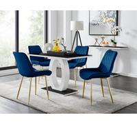 Furniturebox Giovani Rectangular 4 Seat White High Gloss Unique Halo Base Dining Table Black Glass Top 4 Navy Velvet Gold Leg Pesaro Chairs