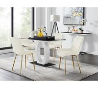 Furniturebox Giovani Rectangular 4 Seat White High Gloss Unique Halo Base Dining Table Black Glass Top 4 Cream Velvet Gold Leg Pesaro Chairs