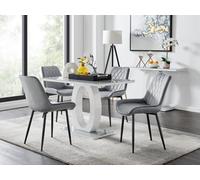 Furniturebox Giovani Rectangular 4 Seat White High Gloss Unique Halo Base Dining Table Grey Glass Top 4 Grey Velvet Black Leg Pesaro Chairs