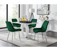 Furniturebox Giovani Rectangular 4 Seat White High Gloss Unique Halo Base Dining Table Grey Glass Top 4 Green Velvet Silver Leg Pesaro Chairs