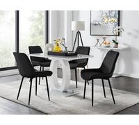 Furniturebox Giovani Rectangular 4 Seat White High Gloss Unique Halo Base Dining Table Grey Glass Top 4 Black Velvet Black Leg Pesaro Chairs