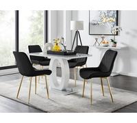 Furniturebox Giovani Rectangular 4 Seat White High Gloss Unique Halo Base Dining Table Grey Glass Top 4 Black Velvet Gold Leg Pesaro Chairs