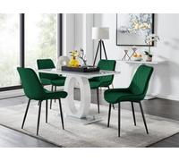 Furniturebox Giovani Rectangular 4 Seat White High Gloss Unique Halo Base Dining Table Grey Glass Top 4 Green Velvet Black Leg Pesaro Chairs