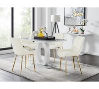 Furniturebox Giovani Rectangular 4 Seat White High Gloss Unique Halo Base Dining Table Grey Glass Top 4 Cream Velvet Gold Leg Pesaro Chairs