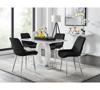 Furniturebox Giovani Rectangular 4 Seat White High Gloss Unique Halo Base Dining Table Grey Glass Top 4 Black Velvet Silver Leg Pesaro Chairs