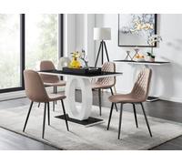 Furniturebox Giovani Rectangular 4 Seat White High Gloss Unique Halo Dining Table Black Glass Top 4 Beige Faux Leather Black Leg Corona Chairs