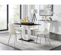 Furniturebox Giovani Rectangular 4 Seat White High Gloss Unique Halo Dining Table Black Glass Top 4 White Faux Leather Silver Leg Corona Chairs