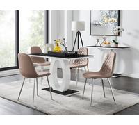 Furniturebox Giovani Rectangular 4 Seat White High Gloss Unique Halo Dining Table Black Glass Top 4 Beige Faux Leather Silver Leg Corona Chairs