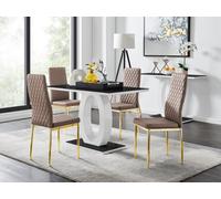 Furniturebox Giovani Rectangular 4 Seat White High Gloss Unique Halo Dining Table Black Glass Top 4 Beige Faux Leather Gold Leg Milan Chairs