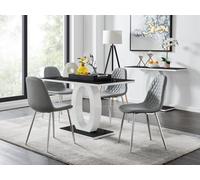 Furniturebox Giovani Rectangular 4 Seat White High Gloss Unique Halo Dining Table Black Glass Top 4 Grey Faux Leather Silver Leg Corona Chairs