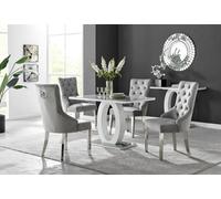 Furniturebox Giovani Rectangular 4 Seat White High Gloss Unique Halo Dining Table Grey Glass Top 4 Grey Velvet Silver Leg Belgravia Chairs