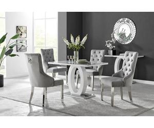 Furniturebox Giovani Rectangular 4 Seat White High Gloss Unique Halo Dining Table Grey Glass Top 4 Grey Velvet Silver Leg Belgravia Chairs
