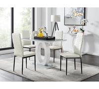Furniturebox Giovani Rectangular 4 Seat White High Gloss Unique Halo Dining Table Grey Glass Top 4 White Faux Leather Black Leg Milan Chairs