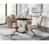 Furniturebox Giovani Rectangular 4 Seat White High Gloss Unique Halo Structural Dining Table Black Glass Top 4 Beige Faux Leather Willow Chairs