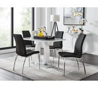 Furniturebox Giovani Rectangular 4 Seat White High Gloss Unique Halo Structural Dining Table Grey Glass Top 4 Black Faux Leather Isco Chairs