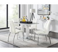 Furniturebox Giovani Rectangular 4 Seat White High Gloss Unique Halo Structural Dining Table Grey Glass Top 4 White Faux Leather Isco Chairs