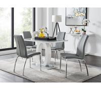 Furniturebox Giovani Rectangular 4 Seat White High Gloss Unique Halo Structural Dining Table Grey Glass Top 4 Grey Faux Leather Isco Chairs