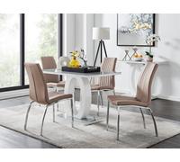 Furniturebox Giovani Rectangular 4 Seat White High Gloss Unique Halo Structural Dining Table Grey Glass Top 4 Beige Faux Leather Isco Chairs