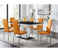 FurnitureboxUK Giovani Rectangular 6 Seat White High Gloss Unique Halo Dining Table Black Glass Top 6 Faux Leather Silver Leg Milan Chairs in Mustard FurnitureboxUK Mustard