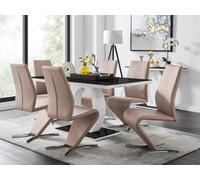 Furniturebox Giovani Rectangular 6 Seat White High Gloss Halo Structural Dining Table Black Glass Top And 6 Beige Faux Leather Willow Chairs