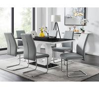 Furniturebox Giovani Rectangular 6 Seat White High Gloss Halo Structural Dining Table Black Glass Top 6 Grey Faux Leather Lorenzo Chairs
