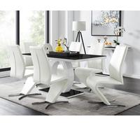 Furniturebox Giovani Rectangular 6 Seat White High Gloss Halo Structural Dining Table Black Glass Top And 6 White Faux Leather Willow Chairs