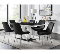 FurnitureboxUK Giovani Rectangular 6 Seat White High Gloss Unique Halo Base Dining Table Black Glass Top 6 Soft Velvet Silver Leg Pesaro Chairs FurnitureboxUK Black