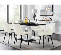 Furniturebox Giovani Rectangular 6 Seat White High Gloss Unique Halo Base Dining Table Black Glass Top 6 Cream Velvet Black Leg Pesaro Chairs