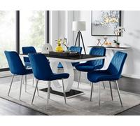 FurnitureboxUK Giovani Rectangular 6 Seat White High Gloss Unique Halo Base Dining Table Black Glass Top 6 Soft Velvet Silver Leg Pesaro Chairs FurnitureboxUK Navy