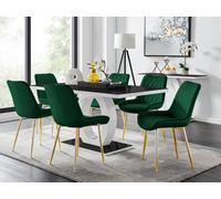 Furniturebox Giovani Rectangular 6 Seat White High Gloss Unique Halo Base Dining Table Black Glass Top 6 Green Velvet Gold Leg Pesaro Chairs