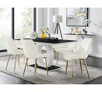 Furniturebox Giovani Rectangular 6 Seat White High Gloss Unique Halo Base Dining Table Black Glass Top 6 Cream Velvet Gold Leg Pesaro Chairs