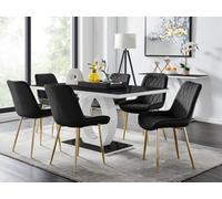 Furniturebox Giovani Rectangular 6 Seat White High Gloss Unique Halo Base Dining Table Black Glass Top 6 Black Velvet Gold Leg Pesaro Chairs