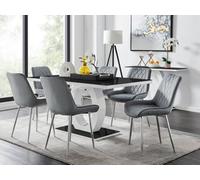 FurnitureboxUK Giovani Rectangular 6 Seat White High Gloss Unique Halo Base Dining Table Black Glass Top 6 Soft Velvet Silver Leg Pesaro Chairs FurnitureboxUK Grey