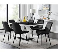 Furniturebox Giovani Rectangular 6 Seat White High Gloss Unique Halo Base Dining Table Black Glass Top 6 Black Velvet Black Leg Pesaro Chairs