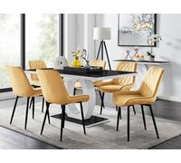 Furniturebox Giovani Rectangular 6 Seat White High Gloss Unique Halo Base Dining Table Black Glass Top 6 Mustard Velvet Black Leg Pesaro Chairs