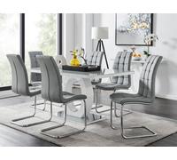 Furniturebox Giovani Rectangular 6 Seat White High Gloss Unique Halo Base Dining Table Grey Glass Top 6 Grey Faux Leather Murano Chairs