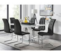 Furniturebox Giovani Rectangular 6 Seat White High Gloss Unique Halo Base Dining Table Grey Glass Top 6 Black Faux Leather Murano Chairs