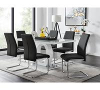Giovani Grey White Modern Glass Dining Table With Six Lorenzo Chair Set - Black