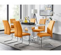 Furniturebox Giovani Rectangular 6 Seat White High Gloss Unique Halo Base Dining Table Grey Glass Top 6 Mustard Faux Leather Lorenzo Chairs